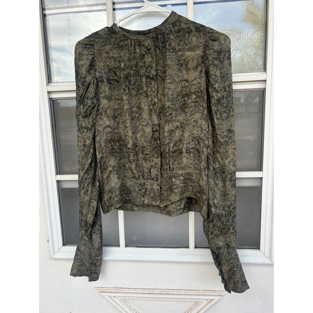 Stella McCartney Silk Damask Floral Puff Shoulder Blouse Olive Sz 40 Whimsigoth